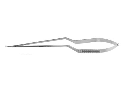 Microsurgical scissors, 10 1/4'',bayonet shanks, curved up, serrated blades, blunt tips, flat handle