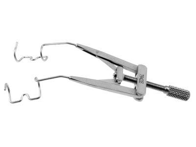 Netland-Lieberman lid speculum, adult size, 14.0mm open wire blades with 2.5mm suture notches, nasal approach, adjustable thumb-screw tension
