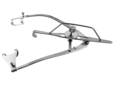 Guyton-Park lid speculum, 3 3/8'',adult size, 14.0mm fenestrated blades with suture posts and canthus bar, 38.0mm blade spread, nasal approach