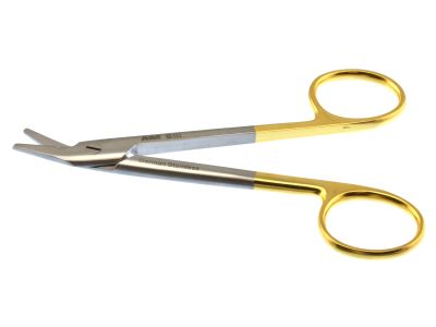 Wire cutting scissors, 4'',angled TC blades, serrated bottom blade, gold ring handle