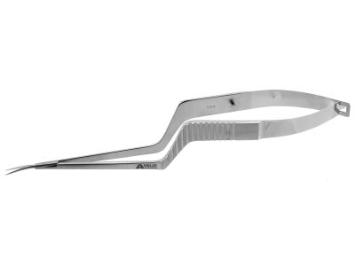 Yasargil microsurgical scissors, 6 1/2'',bayonet shanks, curved blades, sharp tips, flat handle