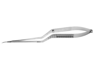 Yasargil microsurgical scissors, 8 3/4'',bayonet shanks, curved blades, sharp tips, flat handle