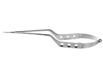 Yasargil microsurgical scissors, 9'',bayonet shanks, straight blades, sharp tips, flat 3-hole handle