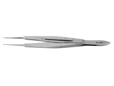 Castroviejo suturing forceps for laser, 4'',straight shafts, 0.5mm 1x2 teeth, flat handle