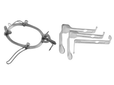 O'Sullivan-O'Connor self-retaining vaginal speculum, complete set includes: frame, 2 lateral blades, and 3 center blades - 5/8''x 1 3/4'',1 1/2''x 3 1/3'',and 1 3/4''x 3 1/2''
