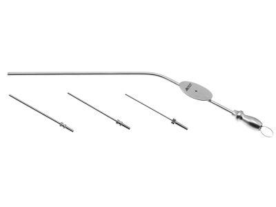 Bellucci suction tube, 6'',complete set includes 18, 20 and 22 gauge tips, angled, working length 150mm, thumb plate with cuttoff hole (89-160, 89-161, 89-162 and 89-164)