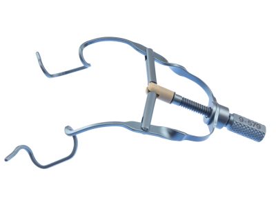 D&K Mackool lid speculum, adult size, 13.5mm open wire blades, nasal approach, adjustable thumb-screw tension, titanium