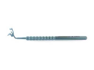 D&K Ota reference marker, 3 3/4'',angled 70º shaft, 3 blades with center point, 8.0mm inside/15.0mm outside diameter, for the OIL intrascleral fixation technique, round handle, titanium