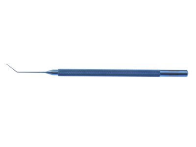 Jaffe-Bechert nucleus rotator, 4 1/2'',angled shaft, 9.0mm from bend to tip, blunt, forked tip, round handle, titanium