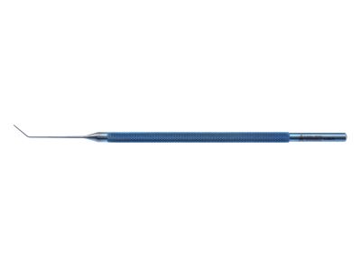 Bechert lens pusher, 4 7/8'',angled shaft, 7.0mm from bend to tip, vertical y-shaped rotator tip, round handle, titanium