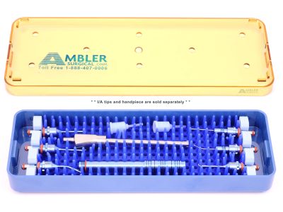 Interchangeable-Tip I/A system plastic sterilization tray, 2 1/2''W x 7 1/2''L x 3/4''H, holds 1 handle and 6 tips, base, lid, silicone finger mat, and 2 bars with 3 slots