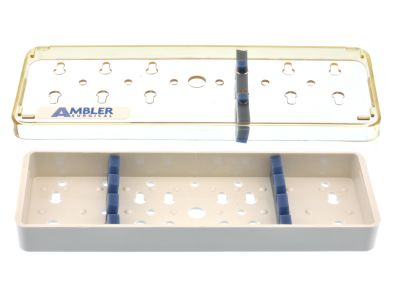 Diamond knife plastic sterilization tray, 2 1/2'' W x 7 1/2'' L x 3/4'' H, improved model, base, lid, and 3 bars with 3 slots, 2 bars on base, 1 bar on lid