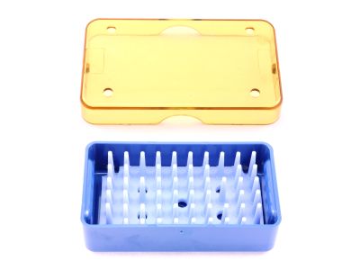 Mini plastic instrument sterilization tray, 1 1/2''W x 2 3/4''L x 3/4''H, base, lid, and silicone finger mat