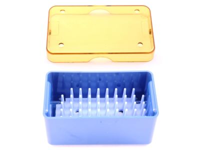 Mini plastic instrument sterilization tray, 1 1/2''W x 2 3/4''L x 1 1/4''H, deep base, lid, and silicone finger mat