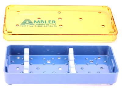 Microsurgical plastic instrument sterilization tray, 2 1/2''W x 6''L x 3/4''H, base, lid, and 2 bars with 3 slots