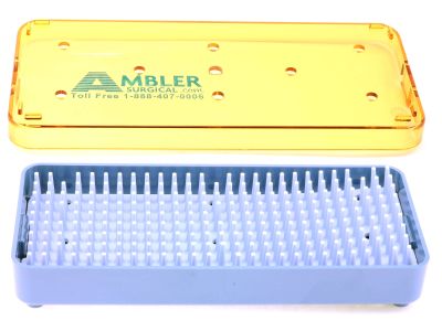 Microsurgical plastic instrument sterilization tray, 2 1/2'' W x 6'' L x 3/4'' H, base, lid, and silicone finger mat, accommodates 2-4 instruments