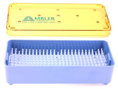 Microsurgical plastic instrument sterilization tray, 2 1/2'' W x 6'' L x 1 1/4'' H, deep base, lid, and silicone finger mat, accommodates 2-4 instruments