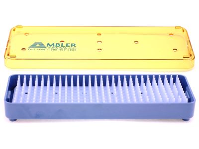 Microsurgical plastic instrument sterilization tray, 2 1/2'' W x 7 1/2'' L x 3/4'' H, base, lid, and silicone finger mat, accommodates 2-4 instruments