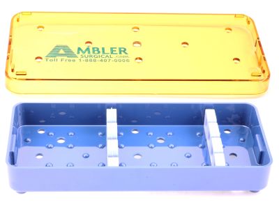 Microsurgical plastic instrument sterilization tray, 2 1/2''W x 6''L x 3/4''H, complete with base, lid, and and 2 bars with 3 slots, designed to keep jaws open for sterilization of cross action forceps