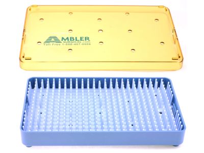 Microsurgical plastic instrument sterilization tray, 4''W x 6 1/2''L x 3/4''H, base, lid, and silicone finger mat, accommodates 3-5''struments