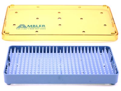 Microsurgical plastic instrument sterilization tray, 4'' W x 7 1/2'' L x 3/4'' H, base, lid, and silicone finger mat, accommodates 6-8 instruments