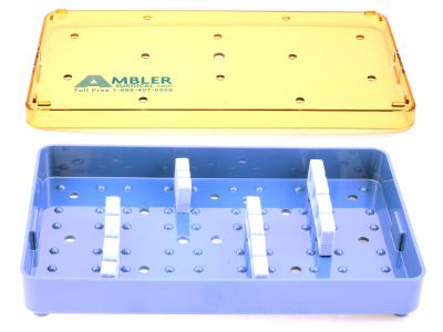 Microsurgical plastic instrument sterilization tray, 4''W x 7 1/2''L x 3/4''H, base, lid, and custom bar configuration, accommodates 3 single-ended round handle manipulators/choppers and 1 utrata forceps