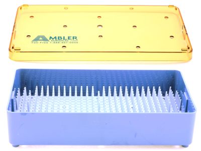 Microsurgical plastic instrument sterilization tray, 4'' W x 7 1/2'' L x 1 1/2'' H, deep base, lid, and silicone finger mat, accommodates 6-8 instruments