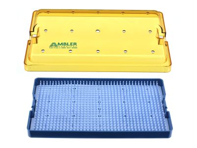 Microsurgical plastic instrument sterilization tray, 6'' W x 10'' L x 1 1/4'' H, base, dome lid, and silicone finger mat, accommodates 12-15 instruments