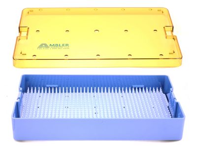 Microsurgical plastic instrument sterilization tray, 6'' W x 10'' L x 1 1/2'' H, deep base, lid, and silicone finger mat, accommodates 12-15 instruments