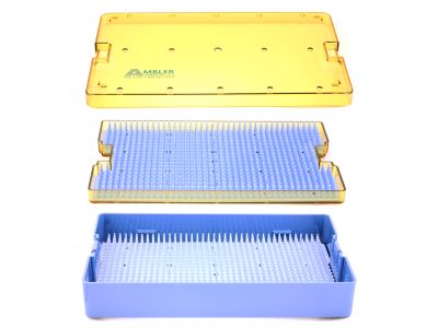 Microsurgical plastic instrument sterilization tray, 6'' W x 10'' L x 1 1/2'' H, double-level, deep base, insert tray, lid, and 2 silicone finger mats, accommodates 25 to 30 instruments
