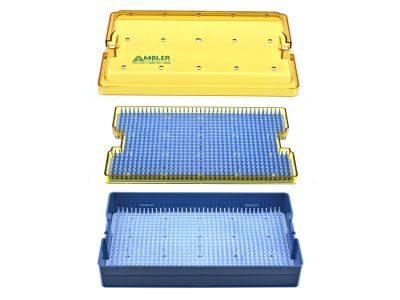 Microsurgical plastic instrument sterilization tray, 6'' W x 10'' L x 2'' H, double-level, deep base, insert tray, dome lid, and 2 silicone finger mats, accommodates 25 to 30 instruments