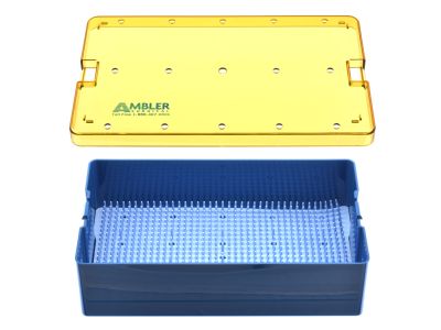 Microsurgical plastic instrument sterilization tray, 6'' W x 10'' L x 2 1/2'' H, deep base, lid, and silicone finger mat, accommodates 12-15 instruments