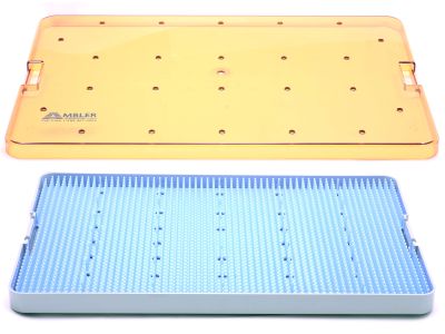 Microsurgical plastic instrument sterilization tray, 10'' W x 15'' L x 3/4'' H, base, lid, and silicone finger mat, accommodates 25-35 instruments