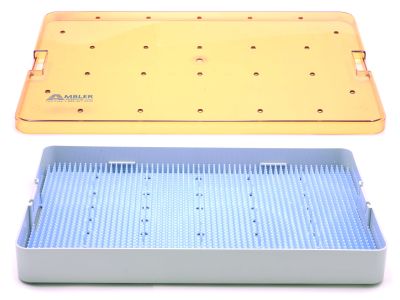 Microsurgical plastic instrument sterilization tray, 10'' W x 15'' L x 1 1/2'' H, deep base, lid, and silicone finger mat, accommodates 25-35 instruments