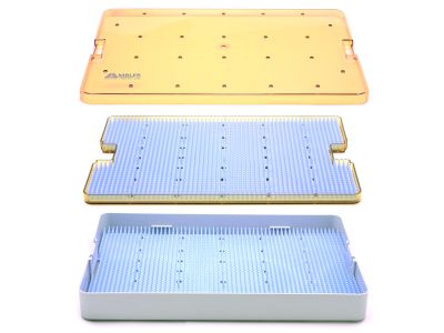 Microsurgical plastic instrument sterilization tray, 10'' W x 15'' L x 1 1/2'' H, double-level, deep base, insert tray, lid, and two silicone finger mats, accommodates 50-70 instruments