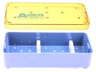 Microsurgical plastic instrument sterilization tray, 2 1/2''W x 6''L x 1 1/4''H, complete with base, lid, and and 2 bars with 3 slots, designed to keep jaws open for sterilization of cross action forceps