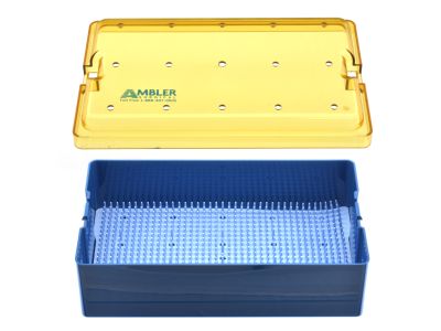 Microsurgical plastic instrument sterilization tray, 6'' W x 10'' L x 3'' H, deep base, dome lid, and silicone finger mat, accommodates 12-15 instruments