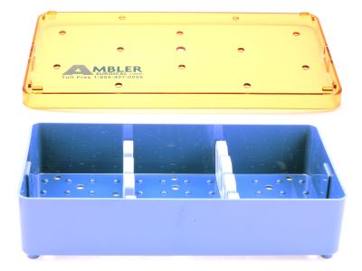 Phaco handpiece plastic sterilization tray, 4''W x 7 1/2''L x 1 1/2''H, base, lid, and 2 bars with 3 slots, accommodates 2 handpieces