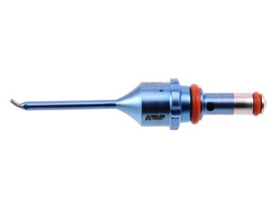 Interchangeable-Tip I/A system 45º angled capsule polishing tip, 16 gauge outer sleeve, 21 gauge inner sleeve, 0.3mm aspiration port, titanium