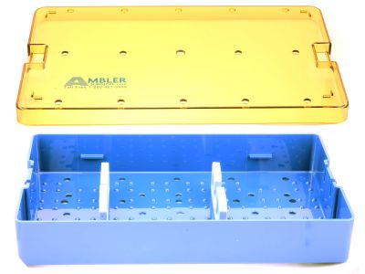 Phaco handpiece plastic sterilization tray, 6''W x 10''L x 1 1/2''H, base, lid, and 2 bars with 1 slot, accommodates 1 handpiece