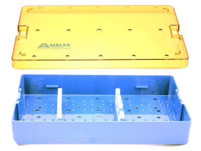 Phaco handpiece plastic sterilization tray, 6''W x 10''L x 1 1/2''H, base, lid, and 2 bars with 3 slots, accommodates 2 handpieces