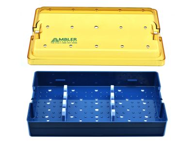 Phaco handpiece plastic sterilization tray, 6'' W x 10'' L x 2'' H, base, dome lid, and 2 bars with 3 slots, accommodates 2 handpieces