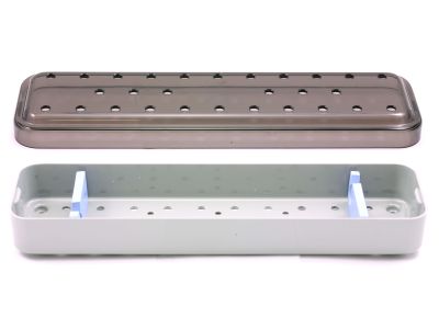 Plastic scope sterilization tray, 2 1/2''W x 12''L x 1 1/2''H, base, lid, and 2 bars, accommodates 2 scopes