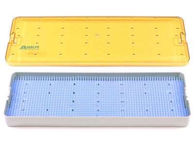 Plastic scope sterilization tray, 6 1/2''W x 18''L x 1 1/2''H, base, lid, and silicone finger mat, accommodates 4 scopes