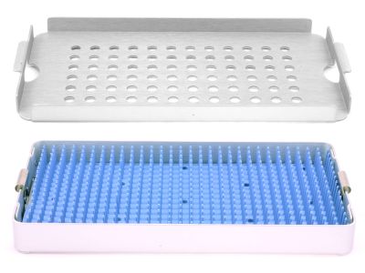 Microsurgical aluminum instrument sterilization tray, 4'' W x 7 1/2'' L x 3/4'' H, base, lid, and silicone finger mat, accommodates 6-8 instruments