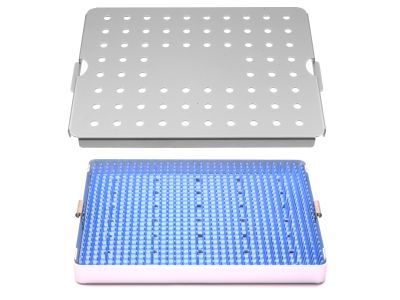 Microsurgical aluminum instrument sterilization tray, 6 1/2'' W x 8 1/4'' L x 3/4'' H, base, lid, and silicone finger mat, accommodates 10-12 instruments