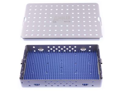 Microsurgical aluminum instrument sterilization tray, 6'' W x 10'' L x 1 1/2'' H, deep base, lid, and silicone finger mat, accommodates 12 to 15 instruments