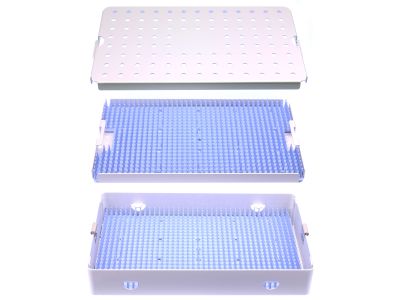 Microsurgical aluminum instrument sterilization tray, 6'' W x 10'' L x 1 1/2'' H, double-level, deep base, insert tray, lid, and 2 silicone finger mats, accommodates 25 to 30 instruments