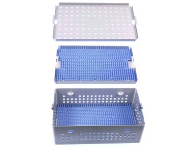Microsurgical aluminum instrument sterilization tray, 6'' W x 10'' L x 3 1/4'' H, double-level, deep base, 2 1/2'' H lower level, insert tray, lid, and 2 silicone finger mats, accommodates 25 to 30 instruments