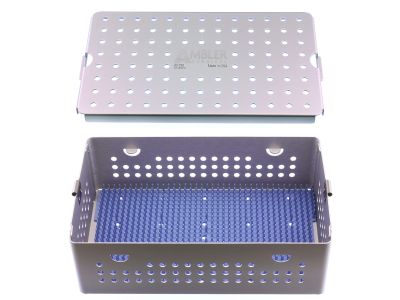 Microsurgical aluminum instrument sterilization tray, 6'' W x 10'' L x 3 1/4'' H, deep base, lid, and silicone finger mat, accommodates 12 to 15 instruments